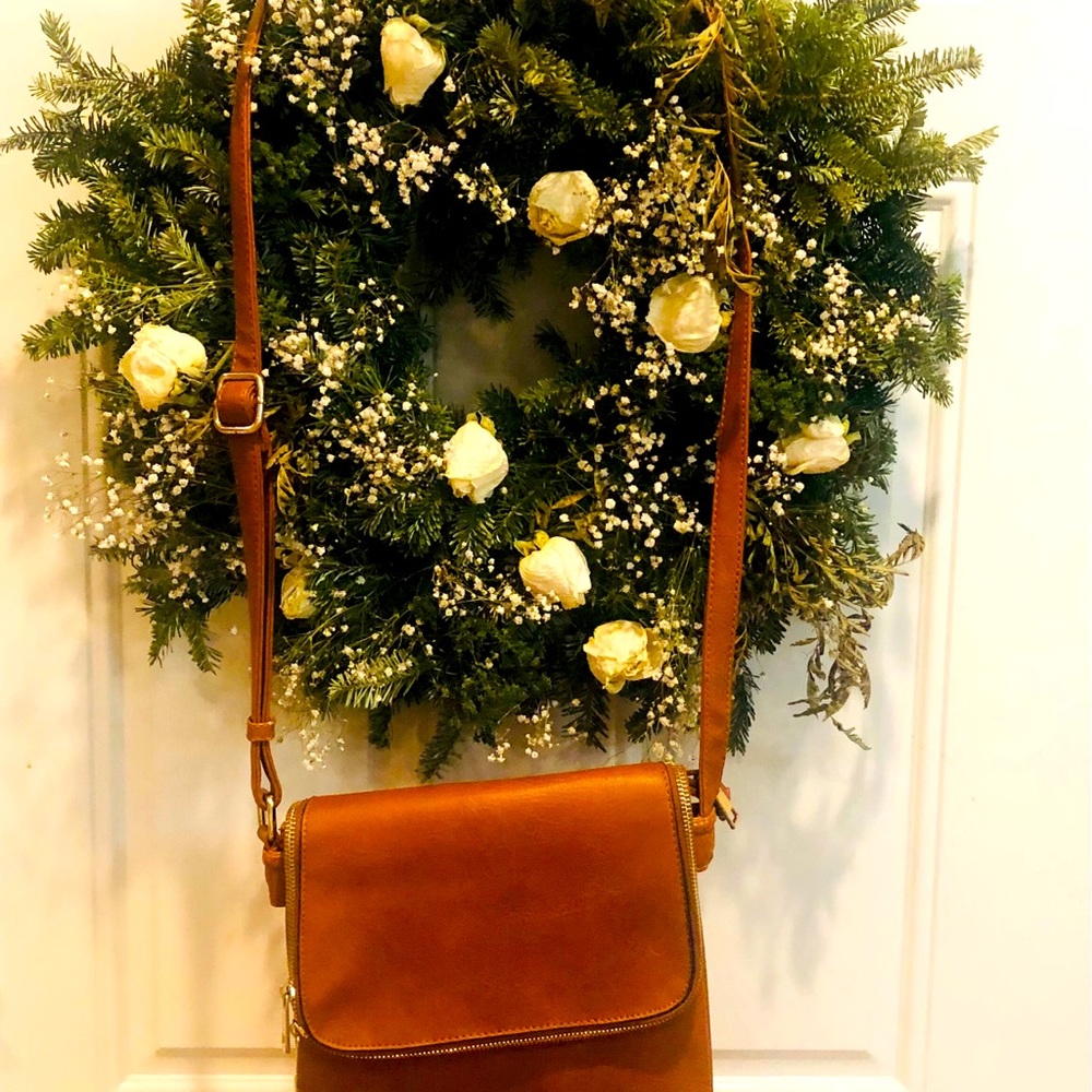 Cognac Crossbody with zippers and pockets galore!